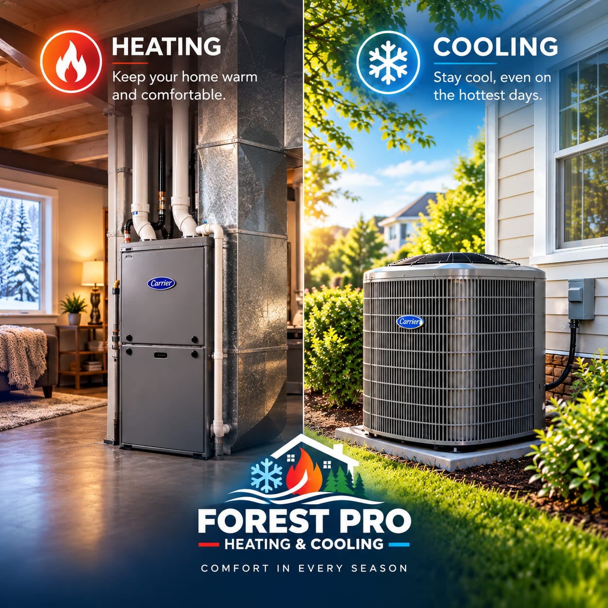 Residential outdoor heat pump beside a home and landscaped garden
